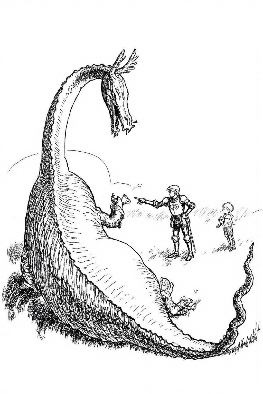 ehshep1 sketch. 
A dragon, a knight, and a young boy. On the left of the image is a large dragon lying on the ground, its body curving dramatically from the left to the right side of the image. In the center is a knight pointing at the body of the dragon. On the right is a boy looking at the knight.  <lora:ehshep2_cap_d6a3e12:1.0><lora:825901977713055097:0>