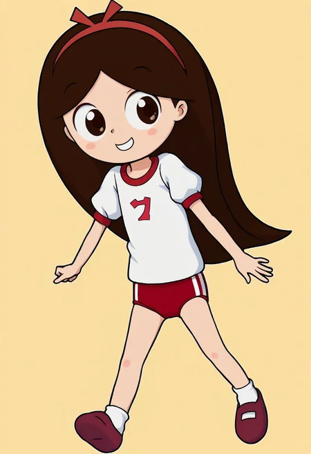 Narizinho, 1girl, Red headband, Brown long hair, sgu,gym uniform, red buruma, socks, footwear, smile, child cute, simple background