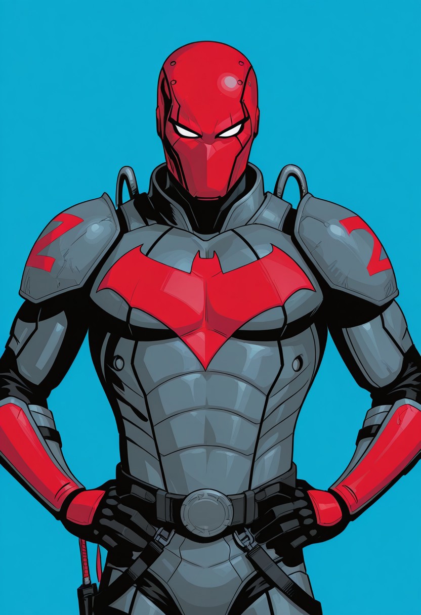 Blue background, simple background, solid color background, 2d, 1male, solo, DC Comics, RedHood_TFZ, toned male, helmet, red helmet, white eyes, no pupils, armored bodysuit, armor, bat symbol, insignia, straps, red trim, Upper body, front view, hands on hips, looking at viewer,