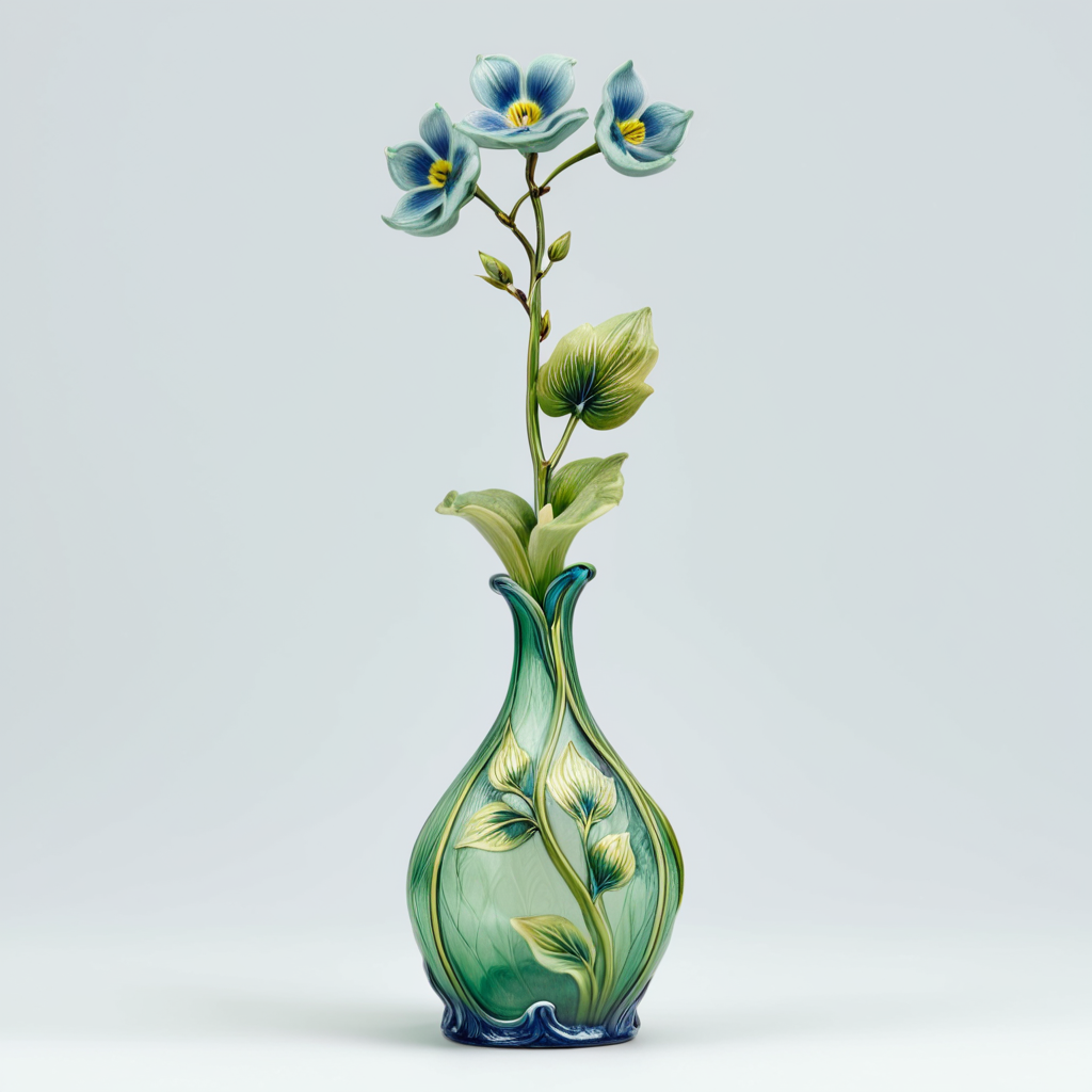 <lora:ArtNoveauMJ7SDXL:1> ArsMJStyle, Art Nouveau,, The image shows a green vase with a flower in it sitting on a table. The vase is decorated with a design of flowers and leaves giving it a unique and eye-catching look., no humans, still life, simple background, white background, flower, plant, leaf, grey background, blue flower, vase