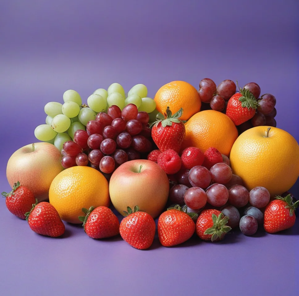fruit photography,the image shows a pile of various fruits,including grapes,apples,oranges,and strawberries,sitting on top of a table. the fruits are arranged in a neat pile,with some of them overlapping each other. the colors of the fruits range from bright reds and oranges to deep purples and blues,and the leaves are a vibrant green. the table is a light wood color and the background is a neutral color.,<lora:æ°´æ-000005:0.6>,