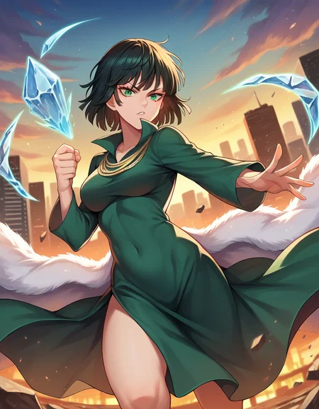 score_9, score_8_up, score_7_up, source_anime,
fubuki, <lora:opm-fubuki-ponyxl-lora-nochekaiser:1>,
fubuki, black hair, green eyes, short hair,
black dress, dress, fur coat, high collar, jewelry, necklace, off shoulder, taut clothes, taut dress,
outdoors, cityscape, magic, fighting stance, ice, ice magic,
looking at viewer, dutch angle, cowboy shot,
