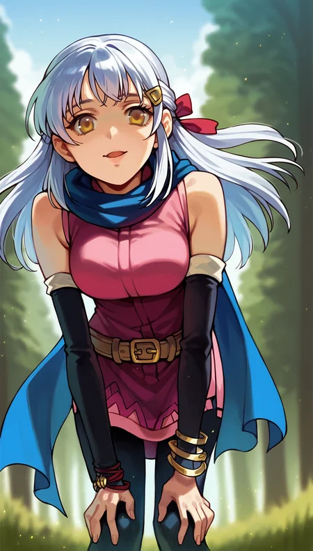 score_9,score_8_up,score_7_up,
highres,highly detailed,
<lora:micaiah:0.9>,
micaiahfe,
1girl,solo,
white hair,long hair,bangs,
yellow eyes,looking at viewer,smile,parted lips,
blue hair bow,gold bracelet,blue scarf,brown leather belt,purple sleeveless tunic,black detached sleeves,red ribbon,
black pantyhose,
(leaning forward:1.1),face focus,hands on knee,close up,
blurry background,outdoors,(dawn:1.1),(bloom:1.2),(light particles:1.1),sky,field,Dreamy forest,