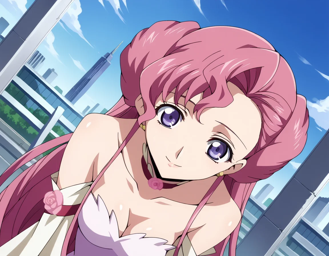 score_9, score_8_up, score_7_up, source_anime,
euphemialibritannia, <lora:euphemia-li-britannia-s1-ponyxl-lora-nochekaiser:1>,
euphemia li britannia, doughnut hair bun, hair bun, hair flower, hair ornament, long hair, pink hair, purple eyes,
bare shoulders, bow, cleavage, dress, frills, lace, ribbon, collarbone, choker, long sleeves, wide sleeves,
outdoors, cityscape, smile, bent over,
looking at viewer, dutch angle, cowboy shot, solo,