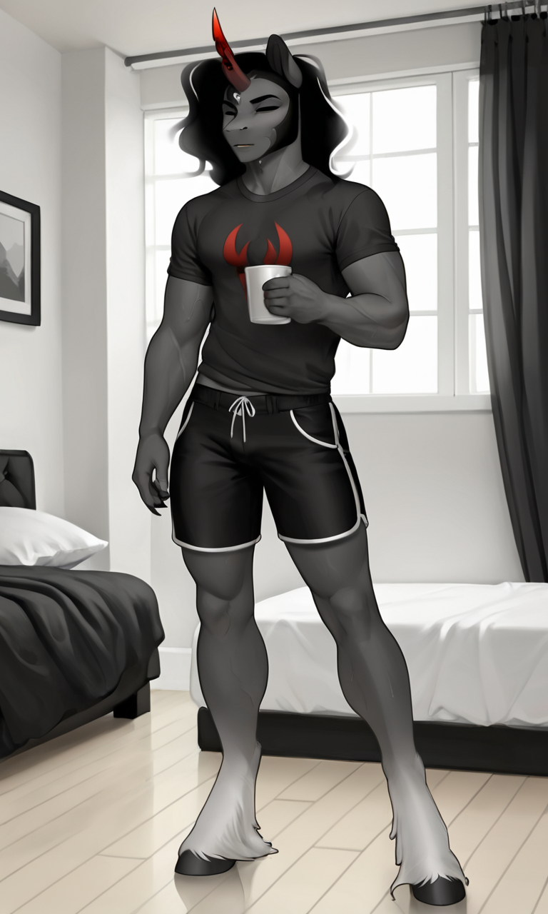 score_9, score_8_up, score_7_up, score_6_up, score_5_up, score_4_up, male, kingsombra, king sombra \(mlp\), male, male_focus, siting on bed, wearing shirt, wearing black shorts, great view of thighs, fit, soft thighs, (RTX on, High detail, UHD, 4K, 8K, Beautiful reflections, Best artist, Masterpiece, hyper detailed, full body