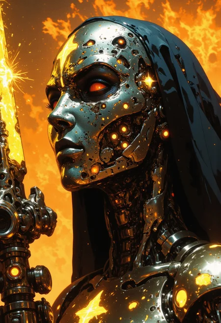 An extreme close-up of the nun’s face, framed by the intense, gritty realism of an old analog camera. The mechanical hknuns nun wears a detailed, ancient silver mask, its surface weathered and battle-scarred, yet intricately adorned with delicate engravings. The mask reflects the faint glow of divine energy, with radiant golden and white light flickering across its surface, highlighting every crevice and contour. Light shimmers and dances along the metallic surface, casting sharp contrasts between the glowing highlights and the deep shadows that fill the engraved details.
The eyes of the mask are hollow and eerie, yet there’s an ethereal light faintly pulsing from within, suggesting a divine power concealed behind the cold steel. Around her, the chaotic swirl of a dense, raging sandstorm blurs the edges of the image, creating an atmosphere of both serenity and violence. The violent storm is reflected in the shiny mask, capturing the dark, swirling sands while beams of holy light flicker from her weapon, illuminating her haunting presence in the middle of the storm.hknuns, CAICO