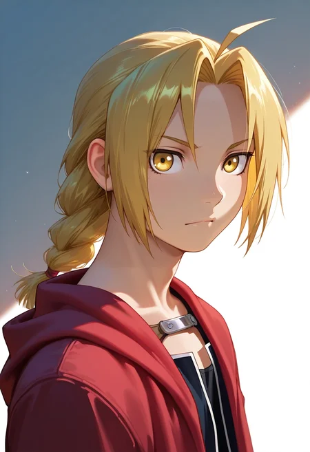 masterpiece, best quality, , semi-realistic, looking at viewer, 1boy, solo, male focus, <lora:edward_elric_ilxl:1>, edward_elric, blonde hair, yellow eyes, single braid, braided ponytail, , ,