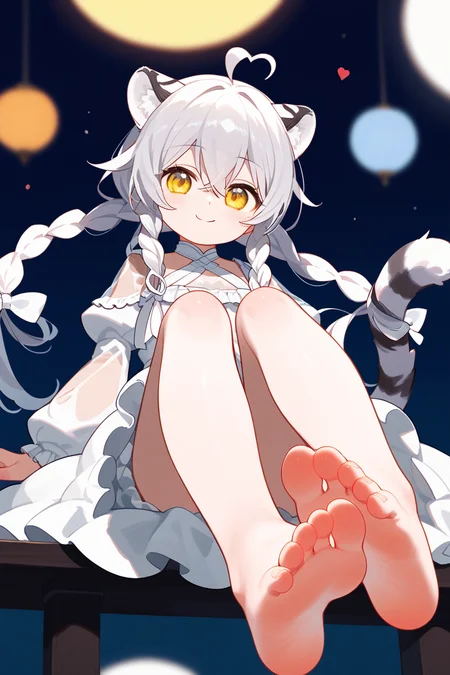 (score_9,score_8_up,score_7_up,),<lora:hpl1:0.8>,Kohaku Rin,1girl,long hair,ahoge,animal ears,bangs,tiger ears,tiger tail,tail,braid,white hair,yellow eyes,closed mouth,frilled dress,white dress,twin braids,frills,barefoot,(foot focus:1.1),hair between eyes,hair bow,hair rings,heart,puffy long sleeves,(see-through sleeves:1.2),sleeves past wrists,smile,solo,looking at viewer,feet,