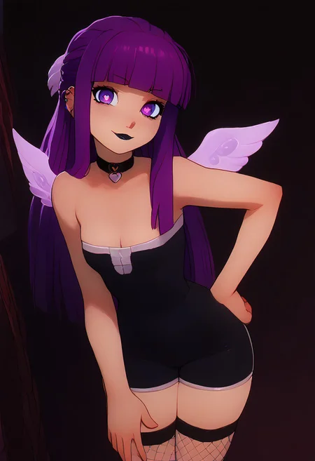 score_9, score_8_up, score_7_up, pretty girl, vivid bright colors, highly sexual poses, pinup art, solo,
angel wings, fishnet,
tiny woman, small woman , petite, short body, skinny, cute girl, pretty girl, innocent girl, perky breast, tight shorts, tight top, tight short, short top, pigtails, blonde, fit body, smile, heart on shirt,
cleavage, bare shoulders, choker,
patFern, long hair, bangs, purple eyes, purple hair, sidelocks, blunt bangs, bright pupils, half updo, goth, black lipstick, choker, dyed hair, tight dress, thighhighs, fishnet,
shy, embarrassing, looking at viewer,
traditional media, zPDXL, dutch angle, hand on hip, smirk,
shy, embarrassing, looking at viewer,
traditional media, library, zPDXL, leaning forward,