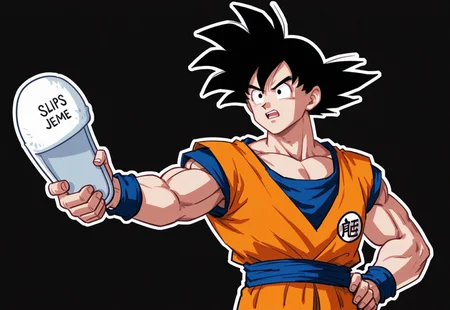 1boy, son goku, slipperjesusmeme, slippers, upper body, open mouth, v-shaped eyebrows, black background, holding, hand on own hip, white outline,