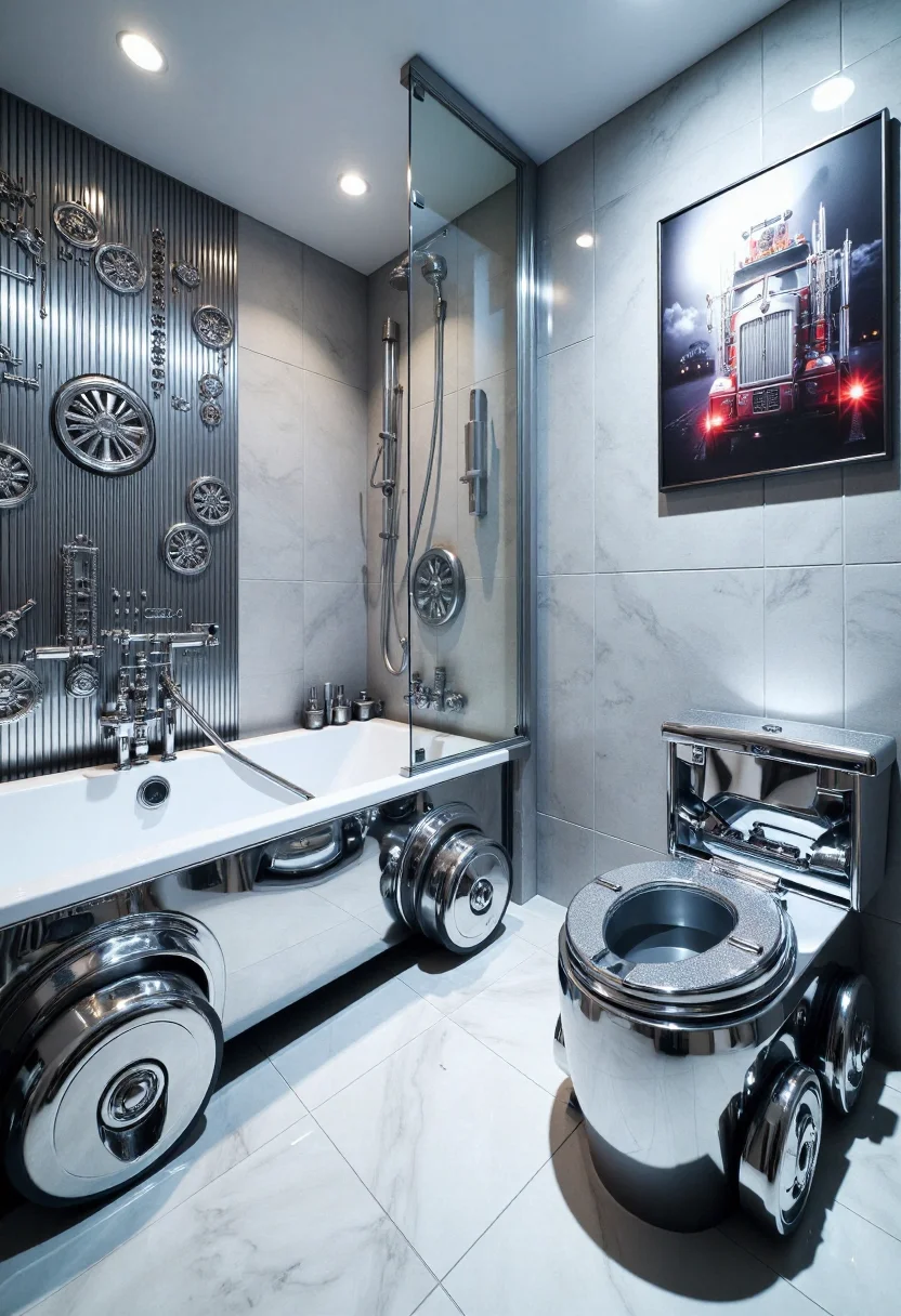 <lora:Custom_Bathroom_Crafter_FLUX-000013:0.8>
This is a photograph of a modern, cybertruck-themed bathroom, with chrome details, cybertruck shaped bathtub, and cybertruck toilet.