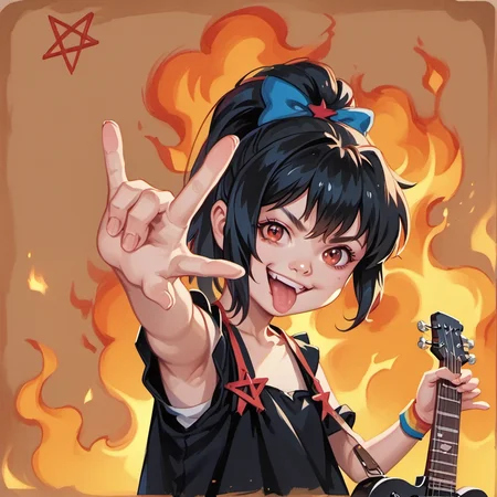 score_9, solo, 1girl, rb2014, black rainbow motif, red eyes, black  hair, ponytail, pentagram hairbow, smirk, \m/, r0ck0n pose, guitar, arm up, open mouth, long tongue out, looking at viewer, upper body, pentagram star (symbol), detailed face, black dress, child, traditional media, official screencap, retro artstyle, burning background, <lora:rb2014:1>, <lora:r0ck0n:1>,