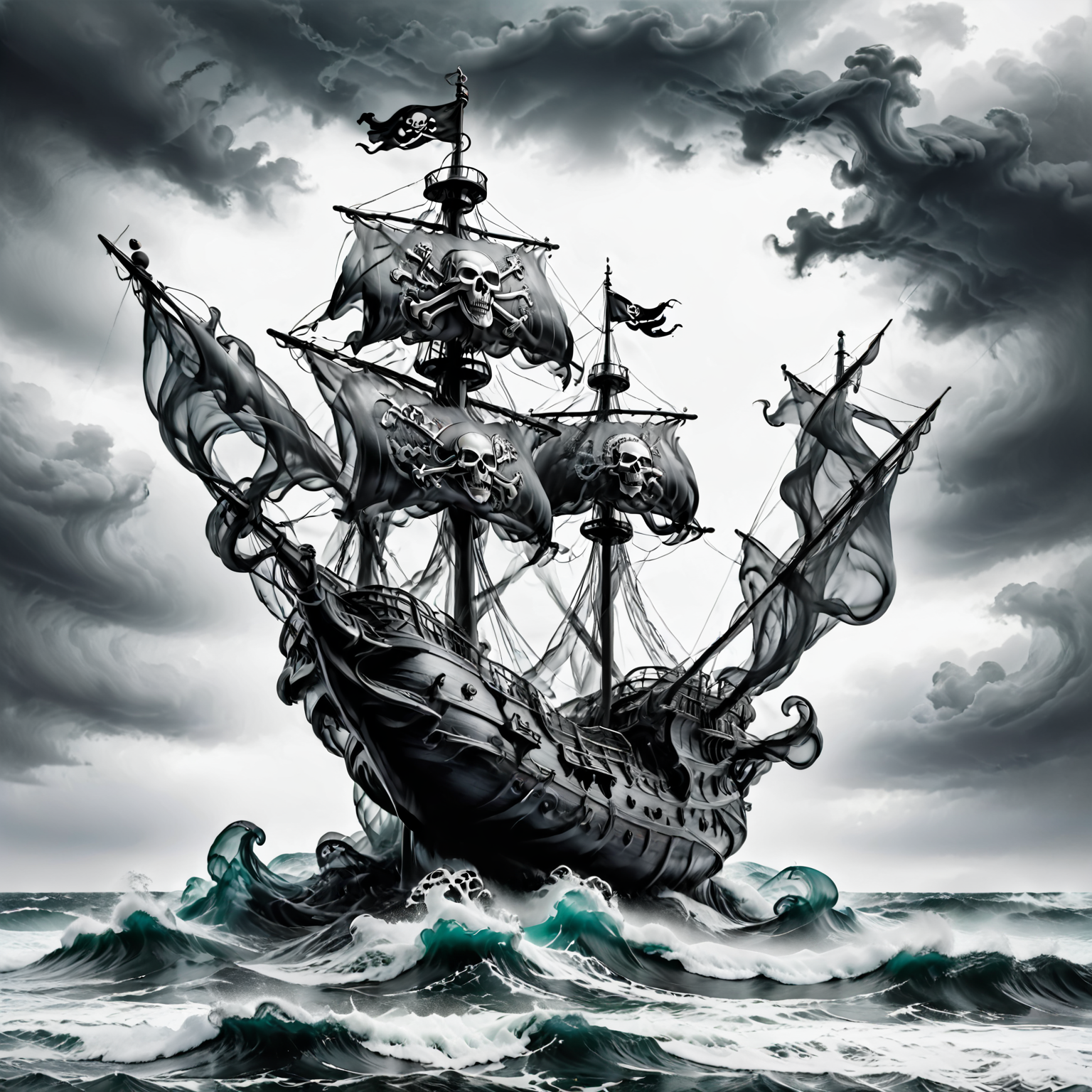 A pirate ship with intricate detailing riding the ocean waves, scattered diffusion, stormy grey sky background, gloom, high contrast, dramatic lighting direction with low intensity ,  <lora:gloom:0.7>