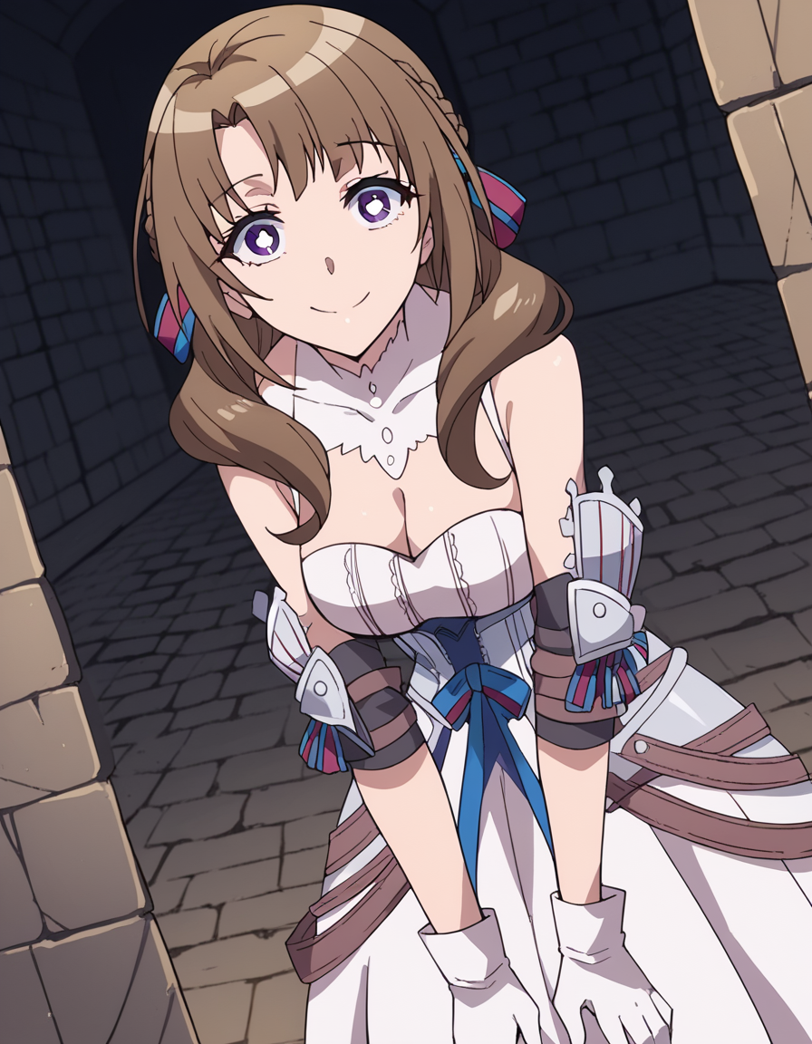score_9, score_8_up, score_7_up, source_anime,
mamakooosuki, <lora:mamako-oosuki-s1-ponyxl-lora-nochekaiser:1>,
mamako oosuki, long hair, brown hair, purple eyes, hair ribbon, braid, bright pupils, french braid, white pupils,
gloves, dress, cleavage, bare shoulders, white gloves, white dress, armor, choker, detached collar,
dungeon, bent over, smile,
looking at viewer, cowboy shot, solo, dutch angle,