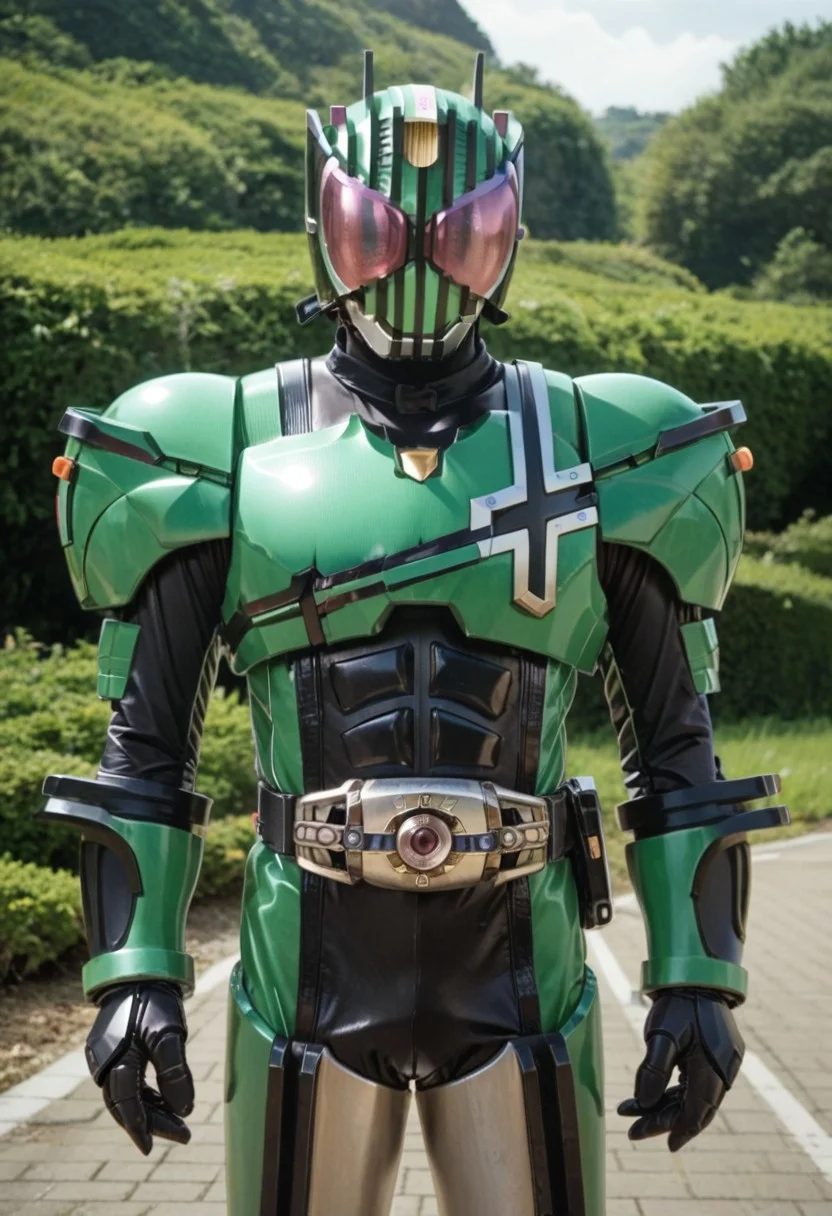 score_9, score_8, score_7, solo, armor, tokusatsu, bodysuit, helmet, rider belt, Machine, green armor,