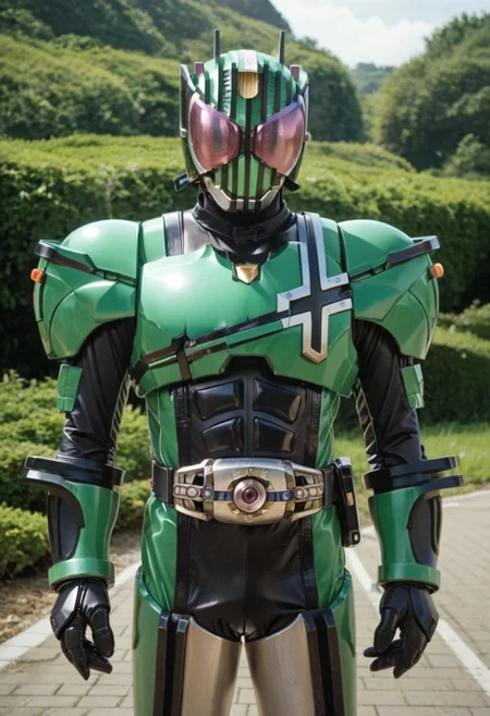 score_9, score_8, score_7, solo, armor, tokusatsu, bodysuit, helmet, rider belt, Machine, green armor,