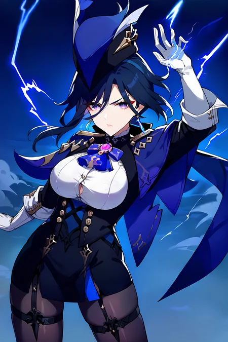 score_9, score_8_up, score_7_up, source anime, 1girl, clorinde \(genshin impact\), tricorne, black pantyhose, earrings, blue cape, white gloves, pencil skirt, white shirt, thigh strap, underbust, ascot, black jacket, depth of field, cowboy shot, lightning, electricity, combat pose, incoming attack, glaring, looking at viewer <lora:Char-Genshin-Clorinde-Pony-V1:0.9> <lora:YaegashiNan-v1-PDXL:0.7>