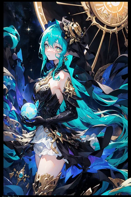 a vantablack alien girl wearing a beautiful dark starlight gown with star sequins, she has gold tears streaming down her face, holding a celestial orb in her hands, pixiv, <lora:tam:1> ,<lora:gsr:0.7>,(Complex backgrounds, borders, out borders),((Vistas, cinematic shots, sky landscapes, mirror reflections))