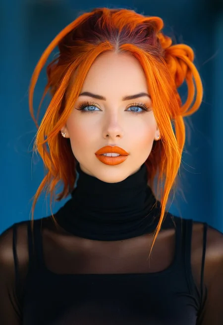 1girl, bellissima, black dress, black hair, blue eyes, blurry background, brown hair, dark skin, dreadlocks, grey eyes, jewelry, lips, long hair, looking at viewer, mole, necklace, open clothes, orange hair, parted lips, realistic, short hair, simple background, solo, teeth, turtleneck, upper body, wavy hair