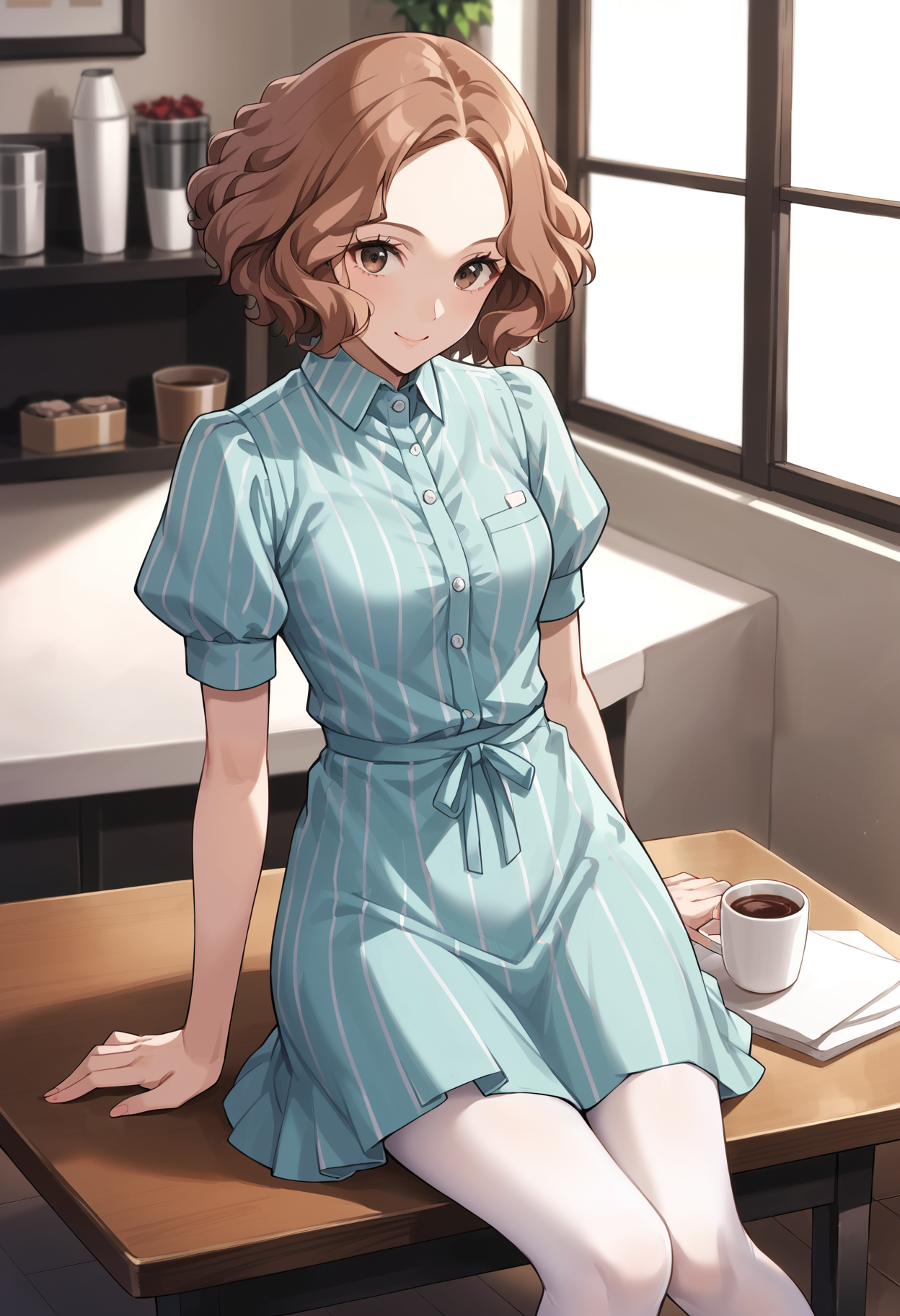 score_9, score_8_up, source_anime
1 girl, solo, cute face,
p5haru, brown hair, short hair, wavy hair,
p5haru-summercas, dress, striped dress, rose embroidery, short sleeves, puffy sleeves, white pantyhose, 
inside, cafe, coffee cup, sitting table, looking at viewer, smile,
masterpiece, best quality, ultra detailed,