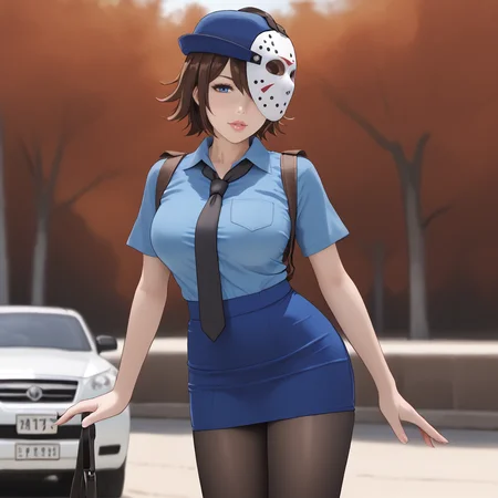 <lora:bishoujojason_pony_v1:.75> BishoujoJason, 1girl, solo, large breasts, mask, brown hair, short hair, blue eyes, lips, cowboy shot, <lora:0820 tokisaki kurumi policewoman fan costume_v1_pony:1> ruanyi0820,black necktie,blue hat,blue shirt,blue skirt,black pantyhose,short sleeves,skirt