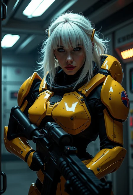 d4rkc0mic, Chiaroscuro Lighting Style, Covered in shadows, female space marine, white flowing hair, bangs, red lips, smooth skin, yellow power armour with red detailing, cowboy shot, holding assault rifle, glancing at viewer, on board sci-fi spaceship, silhouetted, dark environment with lighting from ceiling, glowing instrument panels