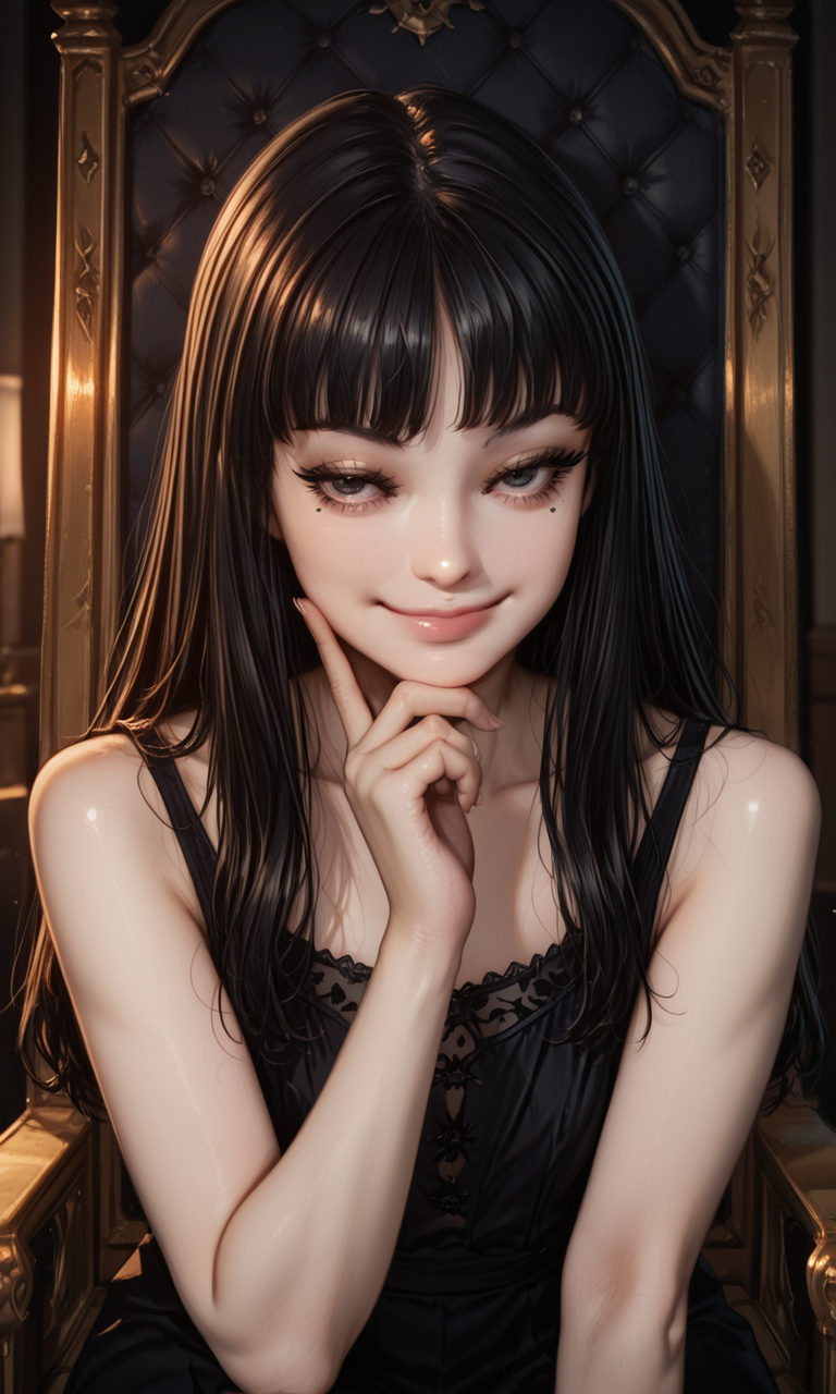 1girl, tomi3, black hair, bangs, sitting, smirk, black dress, fancy dress, throne, hand on chin, leaning, smirk, mole, lips, eyelashes, dramatic lighting, dark lighting, contrast lighting, indoors, night, embedding:IllustriousQual, embedding:Smooth Quality, 1girl, tomi3, black hair, bangs, sitting, smirk, black dress, fancy dress, throne, hand on chin, leaning, smirk, mole, lips, eyelashes, dramatic lighting, dark lighting, contrast lighting, indoors, night, embedding:IllustriousQual, embedding:Smooth Quality,<lora:MoriiMee_Gothic_Niji_Style_Illustrious_r1.safetensors:0.2:0.2> <lora:tomi3.safetensors:1:1>