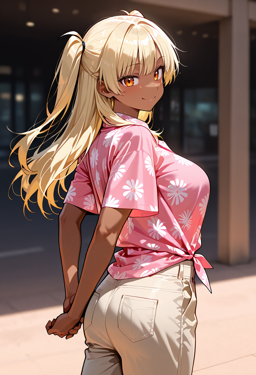 best quality, amazing quality, simple background,((outlined outlined vector graphics)),  beautiful scenery,
 ,  looking at viewer ,cowboy shot, back view ,  looking away 
1girl, 20yo, (large breast:1.2), orange eyes, (blonde hair:1.3),long hair, (two side up:1.1), (dark skin:1.6), dark skin girl, (tall:1.2), (abs:0.7),bangs , cute face, smile ,
pink shirt,aloha shirt, pants,   running ,  leaning back ,  arms behind back,  <lora:aloha-il-01:1>