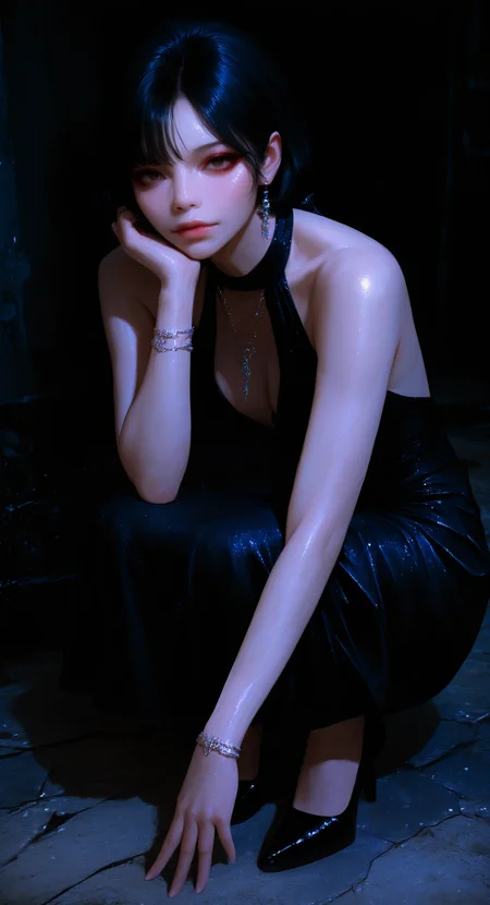 masterpiece, best quality, good quality, very aesthetic, absurdres, newest,1girl, solo, breasts, looking_at_viewer, short_hair, black_hair, dress, jewelry, bare_shoulders, full_body, earrings, sleeveless, black_footwear, necklace, black_dress, high_heels, bracelet, lips, sleeveless_dress, makeup, halterneck, squatting, pale_skin, nose, realistic, halter_dress <lora:DetailedEyes_V3:1> <lora:spo_sdxl_10ep_4k-data_lora_webui:0.6> <lora:ponyv5_noobV065S_1_adamW-000013:0.7> <lora:USNR_STYLE_XL_lokr:0.45> <lora:748cmSDXL:0.4>