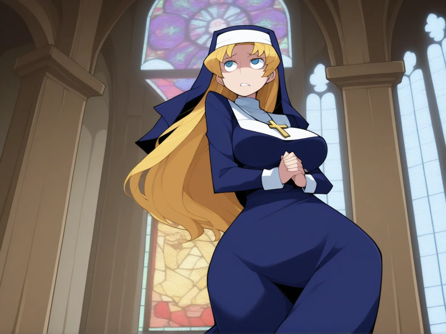 1girl, blond hair, long hair, wide hips, narrow waist, medium breasts, in church, stained glass,
nun, habit, wimple, robe, coif, cross necklace
<lora:DarkfireStyle19v2:0.85>