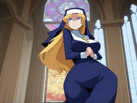 1girl, blond hair, long hair, wide hips, narrow waist, medium breasts, in church, stained glass,
nun, habit, wimple, robe, coif, cross necklace
<lora:DarkfireStyle19v2:0.85>