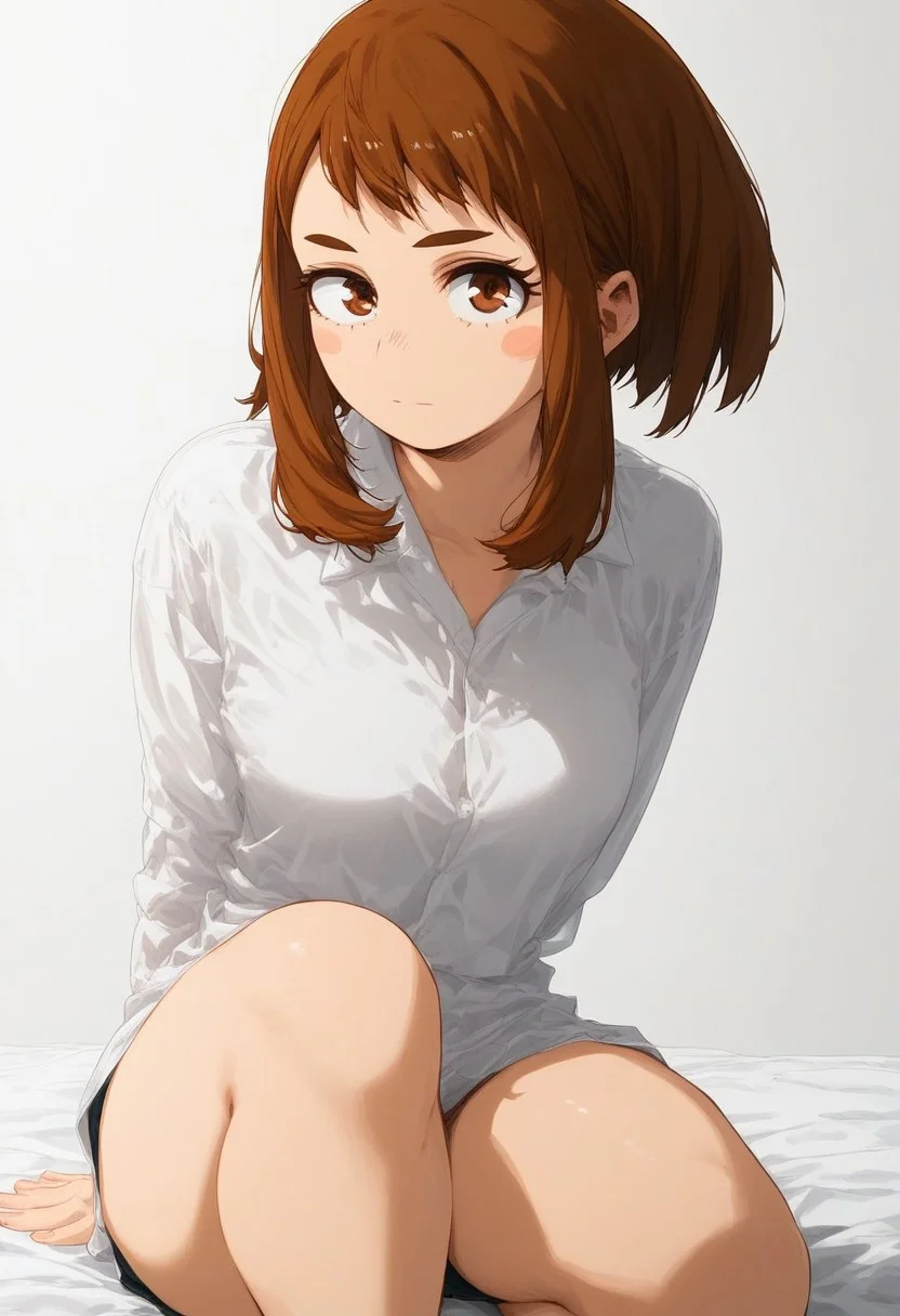 flatshinyskin, score_9, score_8_up, score_7_up , Ochako Uraraka (prBl, 1girl, solo, short hair, brown hair, brown eyes))  , MANGASTYLE, Sitting, on knees, seductive pose, breasts, solo, 1girl, looking at viewer, side angle, side portrait, facing viewer, hands behind back, kneeling down