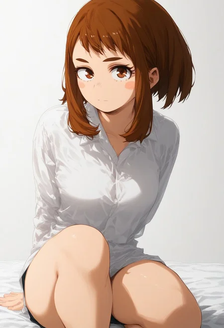 flatshinyskin, score_9, score_8_up, score_7_up , Ochako Uraraka (prBl, 1girl, solo, short hair, brown hair, brown eyes))  , MANGASTYLE, Sitting, on knees, seductive pose, breasts, solo, 1girl, looking at viewer, side angle, side portrait, facing viewer, hands behind back, kneeling down