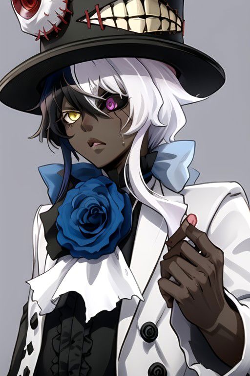 shiromi, hat, dark skin, yellow eyes, heterochromia, white hair, flower, long hair, blue flower, multicolored hair, black hair, top hat, blue rose, rose, 1boy, black headwear, dark-skinned male, formal, purple eyes, black sclera, cracked face, colored sclera