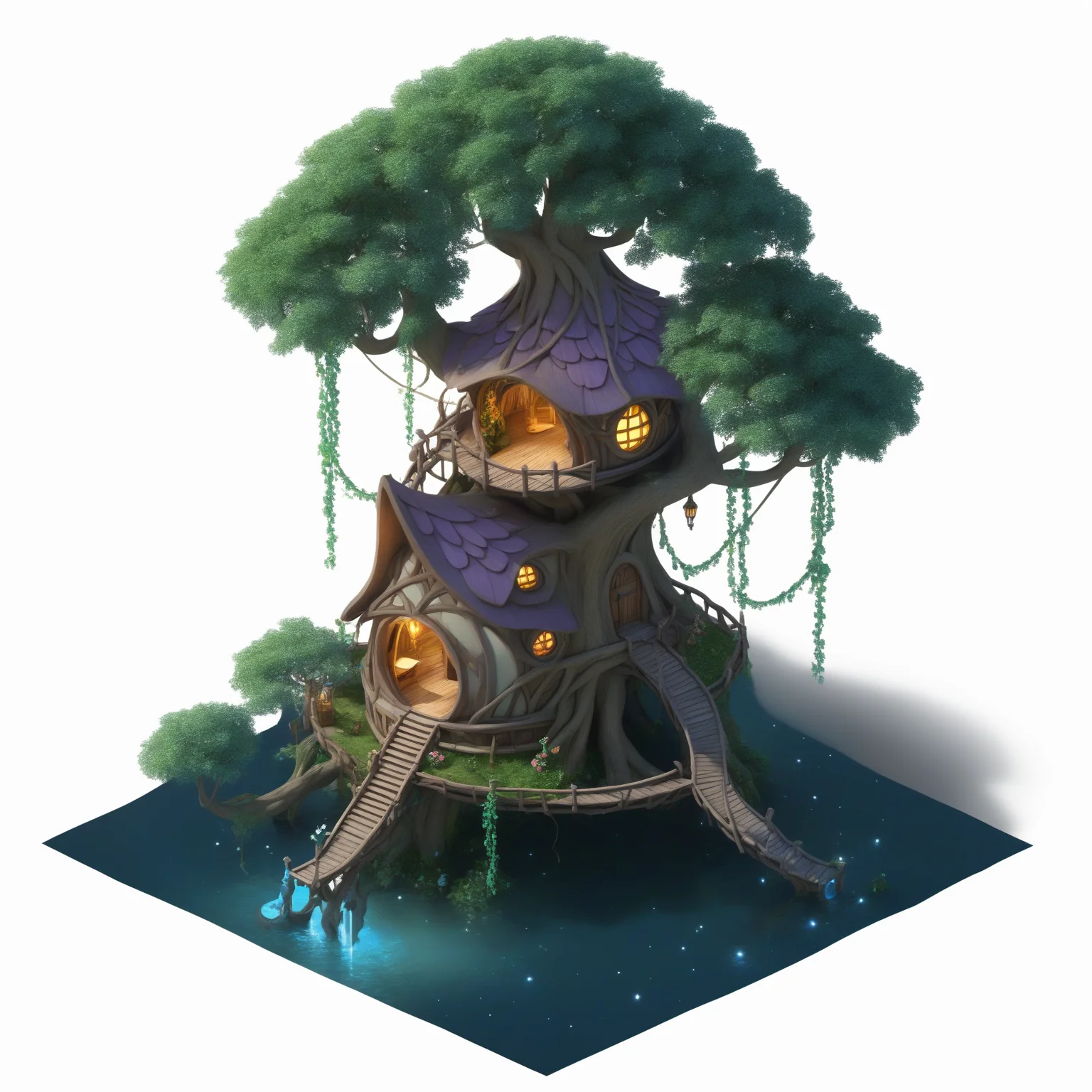 (((masterpiece))),(((best quality))),((ultra-detailed)),solo,isometric,
WAM_bd,solo,
An elf treehouse by the Starlight Lake, with a large moonwell in the center, surrounded by glowing flowers and vines, and the treehouse shimmering with starlight,,
(white background, simple background:1.5),fantasy art,
<lora:WAMå»ºçæ¨¡å:0.8>