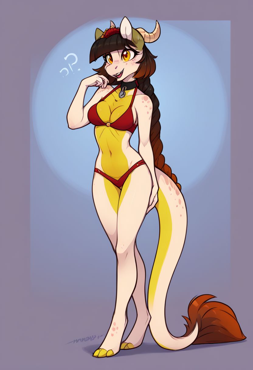 score_6_up, score_5_up, score_4_up, Nava, kobold, brown hair, gradient hair, orange hair, horns, scales, furry female, bob cut, single braid, dragon tail, yellow eyes, medium breasts, tail, collar, anthro, bikini, simple background, abstract background, posing, cute, best legs, beautiful legs, round breasts, breasts together, curvy hips, smile, open mouth, cleavage, medium breasts, long legs, sexy legs, happy, adorable, sexy, beautiful, highly detailed, masterpiece, 4k, quality art, digital art, zPDXL2,