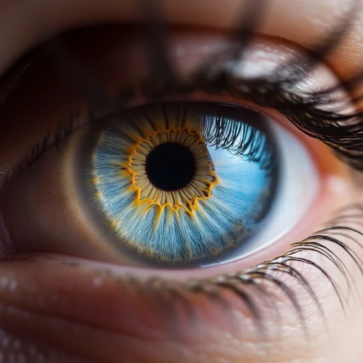 realistic, blurry background, signature, blue eyes, looking at viewer, reflection, detailed_eye_model, realistic eye, close-up, yellow eyes, blurry