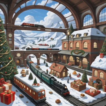 On the grownd in the living room[train station, bridge, window, science fiction, traditional media, motor vehicle, day, vehicle focus, road, gift, railway, christmas, food, cloud, box, cake, fireplace, plant, weapon, snow]