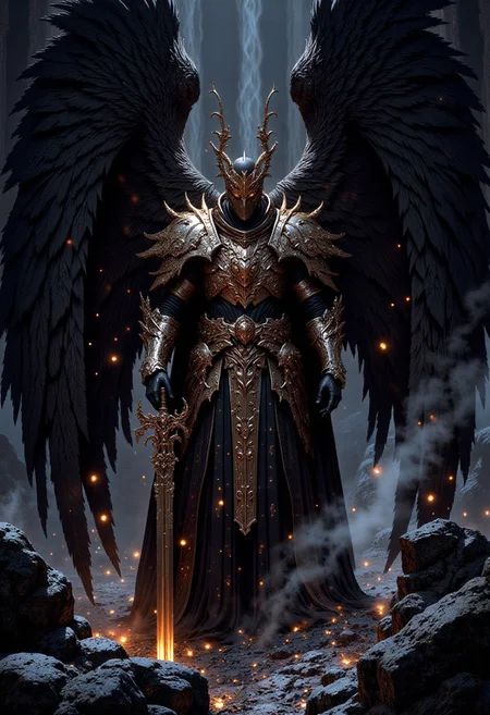 A dark fantasy digital artwork depicting an imposing armored angel warrior rendered in 3D. The angel warrior figure stands in a centered position within the frame, viewed from a low angle perspective, wearing ornate plate armor adorned with intricate engravings. Massive black feathered wings spread outward from the figure's back, while the warrior wields an oversized ornamental sword. The scene features dramatic backlighting creating a silhouette effect, with swirling fog and debris particles surrounding the armored figure. The color palette consists of desaturated tones, dominated by blacks and grays, with subtle orange-red embers glowing among the rocky ground beneath the warrior's feet. Low-angle 3D digital art with dramatic backlighting and atmospheric effects against a dark background.