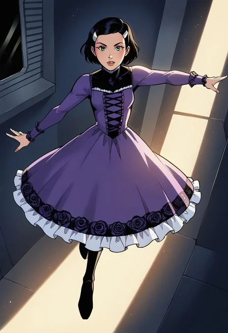 1girl, score_9, score_8_up, score_7_up, western cartoon, bright lighting, very detailed, depth of field, cinematic illumination, volumetric lighting, full color picture, vibrant colors, solo, alone, black hair, white hairclips, 1girl wearing a violet (victorian dress), <lora:victorian_dress-XL-2.0:1>, full body, medium bob, petite, full body, facing forward, looking at viewer, spaceship hallway, flying, action pose,