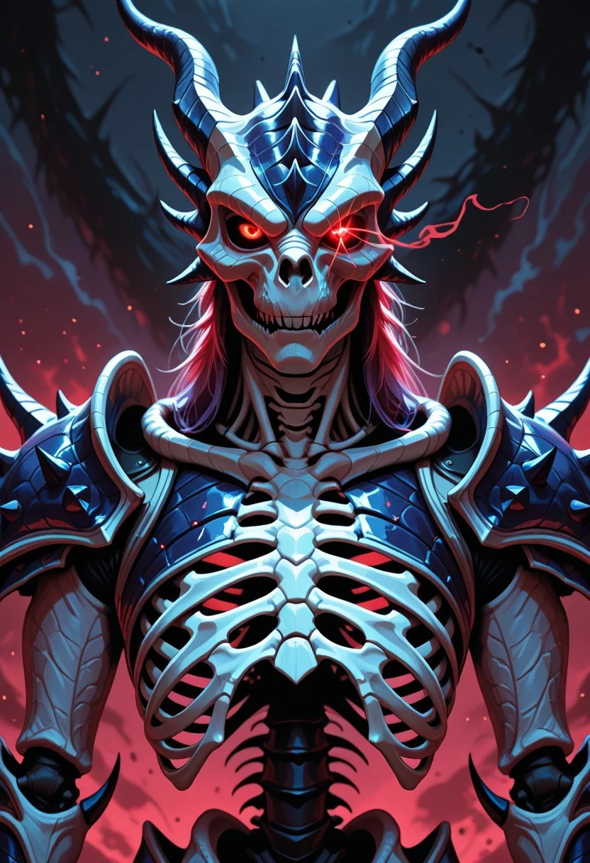 Ultra HD, perfect anatomy, masterpiece, skeleton, dragon armor, detailed dragon armor, full mask dragon helmet, detailed dragon helmet, glowing eye, glaring at viewer