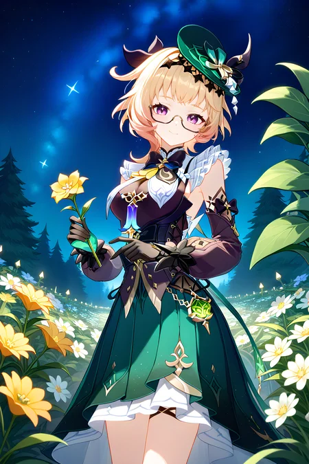 1girl, cowboy shot, standing, Emilie \(Genshin Impact\), closed mouth, smile, holding flower, outdoors, garden, starry sky, night, night sky <lora:Emilie_DoRA:1>