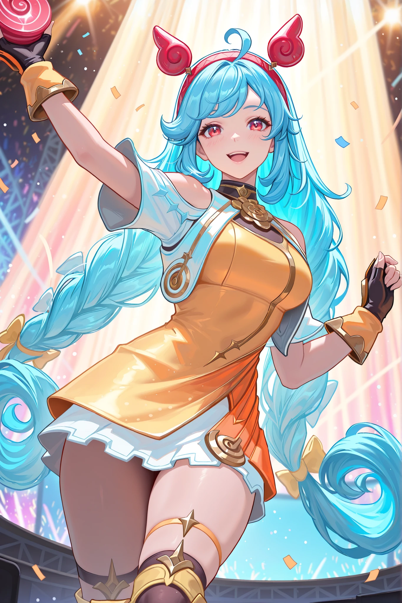 masterpiece, best quality, ultra-detailed, absurdres, newest, semirealistic, cinematic lighting, vibrant concert lights, dynamic pose,  
1girl, solo, cicidefault, very long blue hair, twin braids, bangs, magenta red eyes,  hairband, hair bow, ahoge, fingerless gloves, yellow short dress, black kneehighs, yellow leg warmers, holding yo-yo,  
cowboy shot, looking at viewer, cheerful expression, bright stage with spotlights, confetti falling, glowing colorful background, energetic vibe, upbeat concert moment, painterly aesthetic, beautiful stage details

