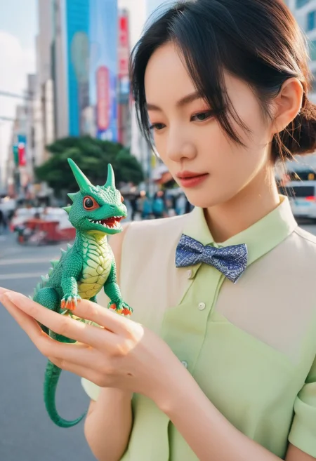 An Asian woman in fashionable streetwear is seen calmly petting a miniature, friendly kaiju that is wearing a tiny bowtie in the middle of a bustling city, captured as a whimsical and surreal photograph using a medium shot, under the bright, slightly hazy light of midday