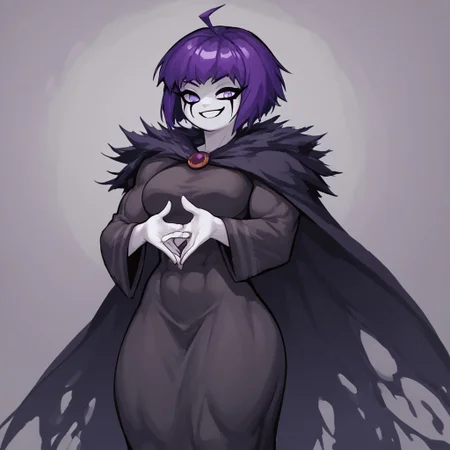 (masterpiece, score_9, score_8_up, score_8:1.3), eve_the_sorceress, solo, purple hair, 1girl, short hair, colored skin, purple eyes, ahoge, bangs, (long dress:1.1), long sleeves, wide sleeves, (white face:1.3), white hands, smile, cape, thick thighs, (fur trim around shoulders:0.2), medium breasts, makeup, (muscular female:0.2), (shortstack:0.5), (dark skin:0.5),