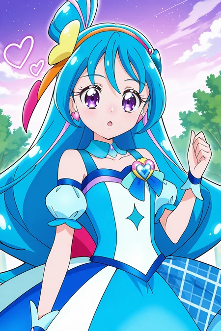 <lora:Kimi_to_Idol_Precure:1>, Kimi_to_Idol_Precure, 1girl, solo, long hair, blue hair, purple eyes, open mouth, very long hair, skirt, magical girl, plaid, dress, detached collar, hairband, blue skirt, blue dress, looking at viewer, outdoors, detached sleeves, standing, sky, cloud, tree, brooch, puffy detached sleeves, purple sky, heart, ribbon