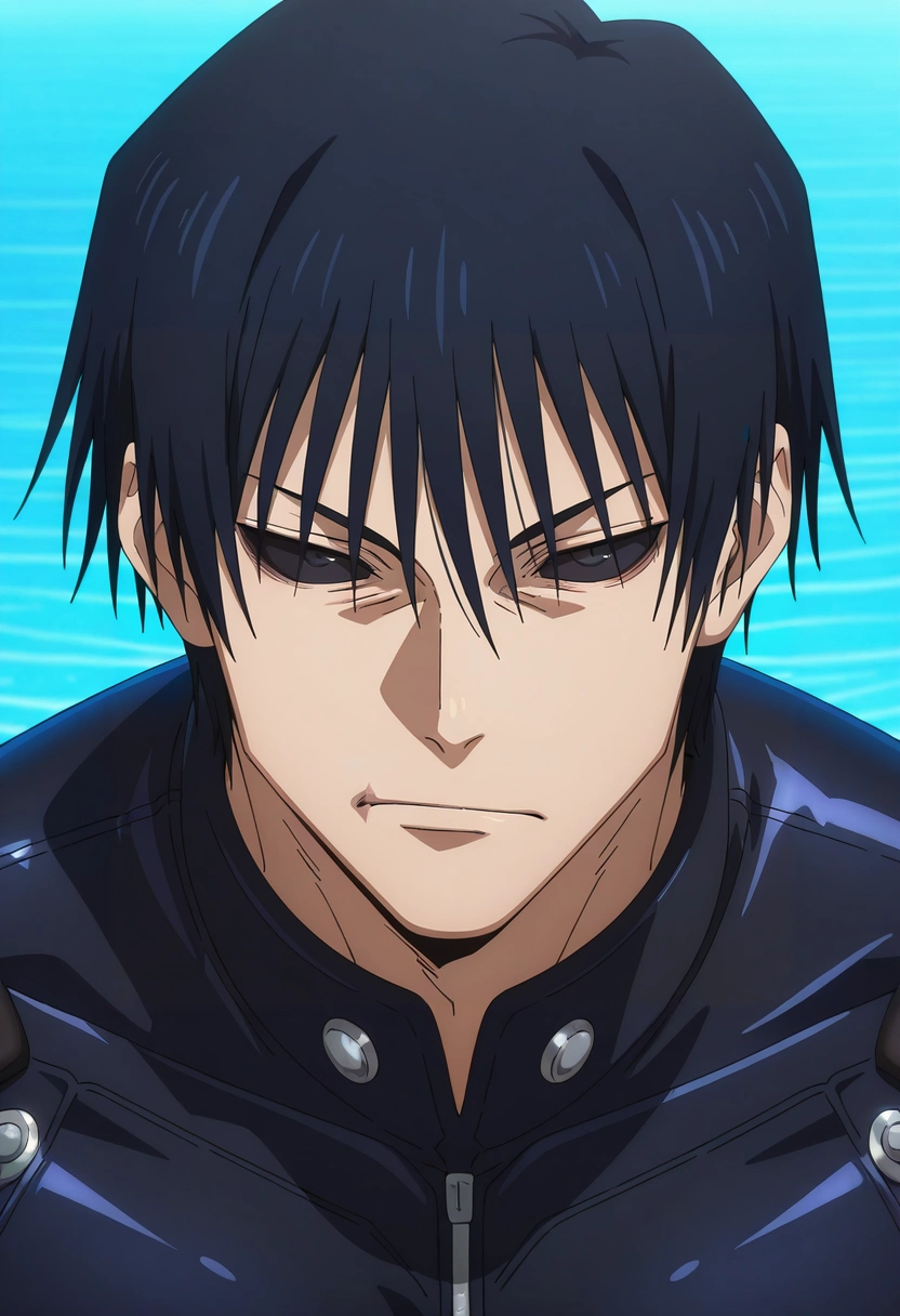 masterpiece, best quality, intricate details, anime screencap, anime coloring, , looking at viewer, 1boy, solo, male focus, <lora:touji_fushiguro_ilxl:0.94>, touji_fushiguro, black hair, black eyes, short hair, hair between eyes, bangs, colored sclera, black sclera, , , biker costume