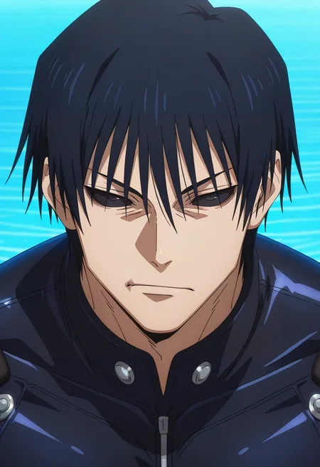 masterpiece, best quality, intricate details, anime screencap, anime coloring, , looking at viewer, 1boy, solo, male focus, <lora:touji_fushiguro_ilxl:0.94>, touji_fushiguro, black hair, black eyes, short hair, hair between eyes, bangs, colored sclera, black sclera, , , biker costume