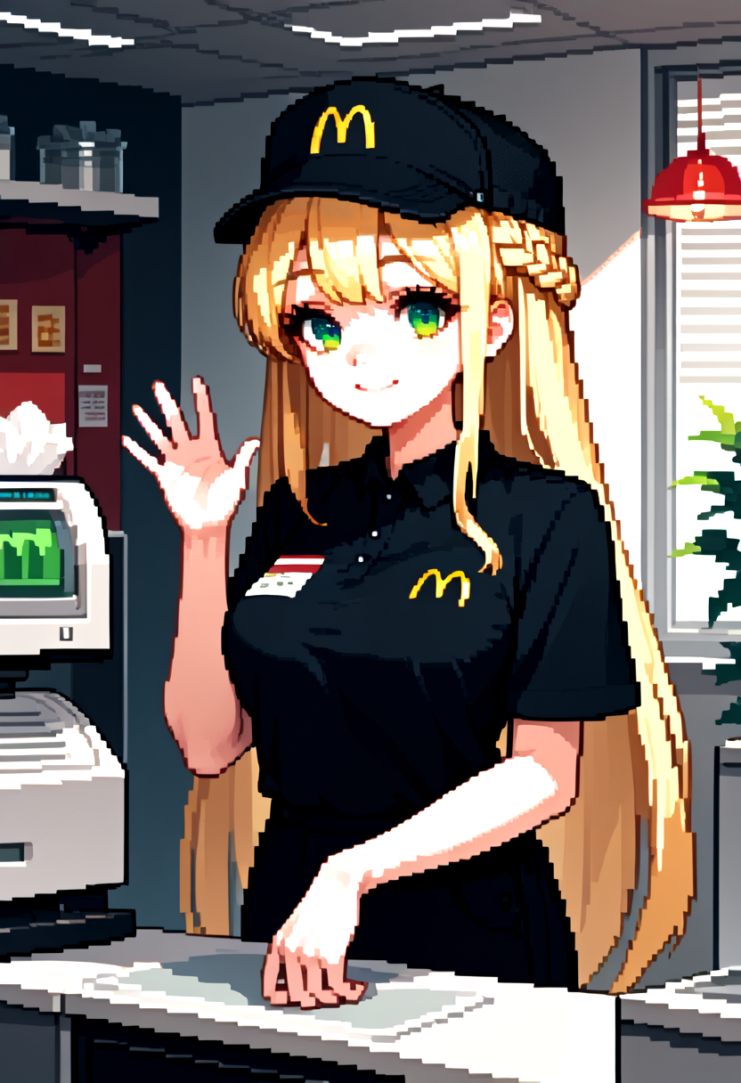 texture score_9, score_8_up, score_7_up, source_anime, embedding:zPDXL3, pixel art,  1girl, cute,  curvy, solo, fomceline, blonde hair, green eyes, crown braid, straight hair, very long hair, ribbon bangs,  employee uniform, mcdonald's, black shirt,  hat, medium breast,   indoor, on counter, cash register, menu, smile, waving   top down close-up, <lora:Pony\char\FOM Celine - v2.safetensors:0.7000000000000001:0.7000000000000001> <lora:Pony\style\oppai_v0.1-pony.safetensors:0.42:0.42> <lora:Pony\cloth\McDonaldsUniform_pdxl_Incrs_v1.safetensors:0.8:0.8>