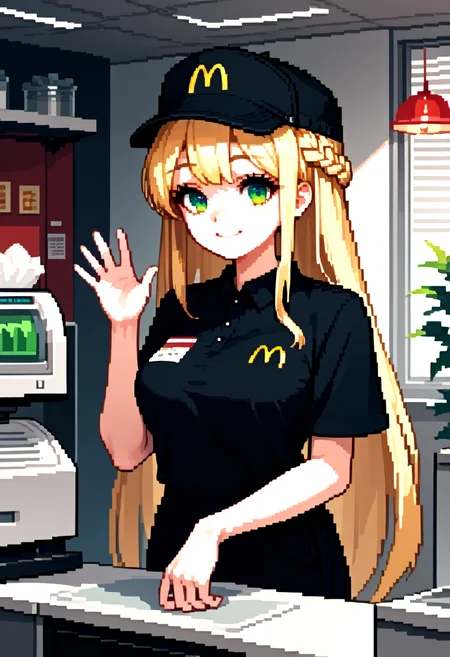 texture score_9, score_8_up, score_7_up, source_anime, embedding:zPDXL3, pixel art,  1girl, cute,  curvy, solo, fomceline, blonde hair, green eyes, crown braid, straight hair, very long hair, ribbon bangs,  employee uniform, mcdonald's, black shirt,  hat, medium breast,   indoor, on counter, cash register, menu, smile, waving   top down close-up, <lora:Pony\char\FOM Celine - v2.safetensors:0.7000000000000001:0.7000000000000001> <lora:Pony\style\oppai_v0.1-pony.safetensors:0.42:0.42> <lora:Pony\cloth\McDonaldsUniform_pdxl_Incrs_v1.safetensors:0.8:0.8>